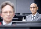 Former Kosovo Liberation Army (KLA) Commander Salih Mustafa (R) appears for the first public hearing before the Kosovo Specialist Chambers, in The Hague, The Netherlands, 09 June 2021. Photo: EPA/SEM VAN DER WAL