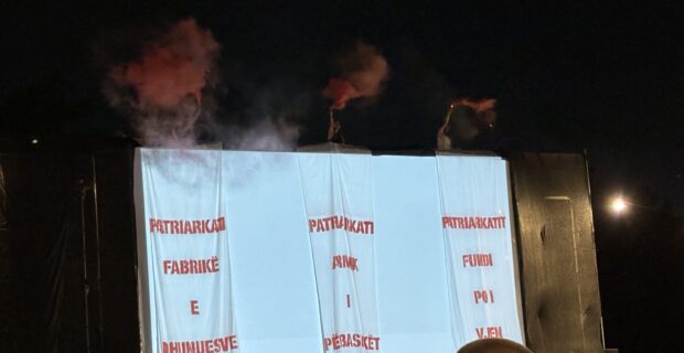 Posters at the opening of Anibar International Animation Festival read: “‘Patriarkati: Fabrikë e Dhunuesve (The Patriarchy: a Factory of Abusers)’; ‘Patriarkati: Armik i Përbashkët (The Patriarchy: Mutual Enemy)’; ‘Patriarkati: Fundi po i vjen (Patriarchy: Its end is coming)’." July 15, 2024. Photo: BIRN