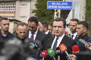 Albin Kurti at the renaming of the Ballaban-Banjska road after slain police sergeant Afrim Bunjaku. Photo: Kosovo PM’s Office.