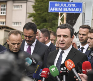 Albin Kurti at the renaming of the Ballaban-Banjska road after slain police sergeant Afrim Bunjaku. Photo: Kosovo PM’s Office.