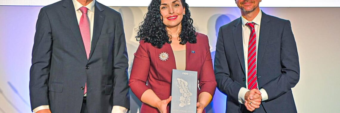 Kosovo President Vjosa Osmani receiving the M100 award. Photo: Official Facebbok Account of Vjosa Osmani