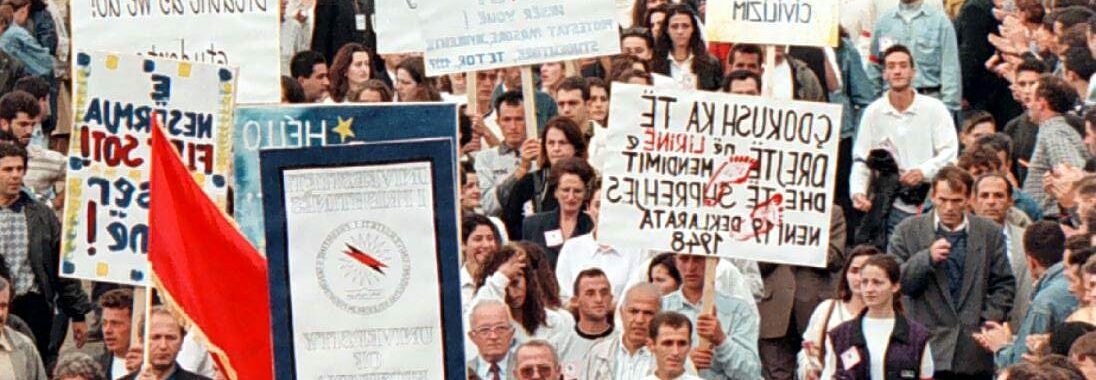 A general view showing some 20,000 Albanian students marching during their demonstration in Pristina, 01 Oktober 1997. Riot police used tear gas and baton charges to disperse the demonstration of students demanding a return to Albanian-language education in schools and colleges.