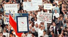 A general view showing some 20,000 Albanian students marching during their demonstration in Pristina, 01 Oktober 1997. Riot police used tear gas and baton charges to disperse the demonstration of students demanding a return to Albanian-language education in schools and colleges.