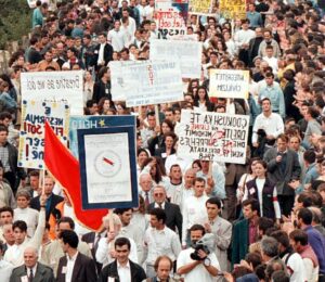 A general view showing some 20,000 Albanian students marching during their demonstration in Pristina, 01 Oktober 1997. Riot police used tear gas and baton charges to disperse the demonstration of students demanding a return to Albanian-language education in schools and colleges.