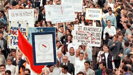 A general view showing some 20,000 Albanian students marching during their demonstration in Pristina, 01 Oktober 1997. Riot police used tear gas and baton charges to disperse the demonstration of students demanding a return to Albanian-language education in schools and colleges.