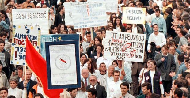 A general view showing some 20,000 Albanian students marching during their demonstration in Pristina, 01 Oktober 1997. Riot police used tear gas and baton charges to disperse the demonstration of students demanding a return to Albanian-language education in schools and colleges.