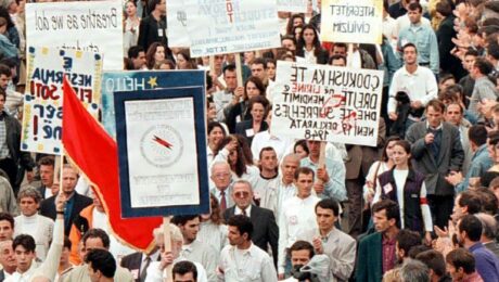 A general view showing some 20,000 Albanian students marching during their demonstration in Pristina, 01 Oktober 1997. Riot police used tear gas and baton charges to disperse the demonstration of students demanding a return to Albanian-language education in schools and colleges.