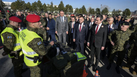 Minister of Defence Ejup Maqedonci (L), Kosovo PM Albin Kurti (R) marking Kosovo Security Forces day on November 27, 2024. Photo: Kosovo Prime Minister’s Office