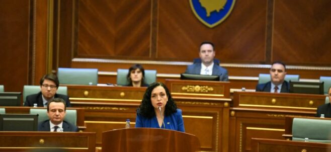 Kosovo President Vjosa Osmani addresses the assembly on November 21, 2024. Photo: Kosovo Presidency