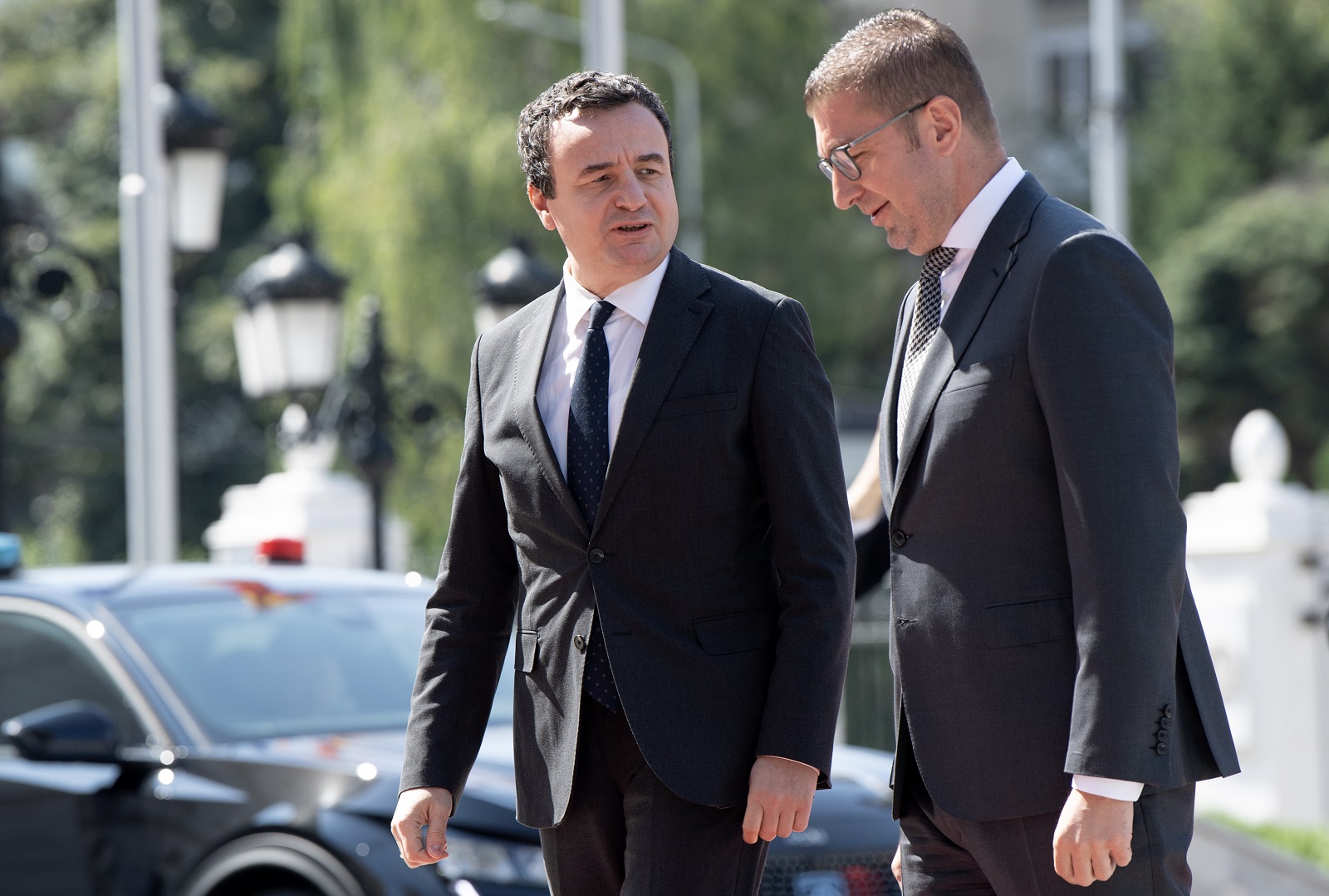 North Macedonia's Prime Minister Hristijan Mickovski (R) welcomes Kosovo's Prime Minister Albin Kurti (L) in Skopje, Republic of North Macedonia, 05 August 2024. Kosovo's Prime Minister Albin Kurti is on a one day visit to North Macedonia.  EPA-EFE/GEORGI LICOVSKI