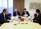 Serbia President Aleksandar Vucic (L), EU High Representative Josep Borrell (2-L) and Kosovo Prime Minister Albin Kurti (R) at a meeting of the EU-Kosovo-Serbia Dialogue in Brussels on February 27, 2023. Photo: EPA/STEPHANIE LECOCQ