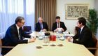 Serbia President Aleksandar Vucic (L), EU High Representative Josep Borrell (2-L) and Kosovo Prime Minister Albin Kurti (R) at a meeting of the EU-Kosovo-Serbia Dialogue in Brussels on February 27, 2023. Photo: EPA/STEPHANIE LECOCQ