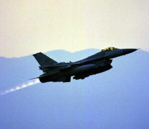 A F-16 fighter jet takes off from the northern Italian NATO airbase Aviano on 24 March 1999 to hit targets in Serbia, Montenegro and Kosovo with air strikes. PHOTO: EPA/STRINGER/