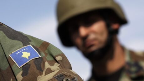 The Kosovo flag is seen in the uniform of a member of the Kosovo Security Force (KSF) during a ceremony in Pristina, Kosovo, August 18, 2009. Photo: EPA/VALDRIN XHEMAJ