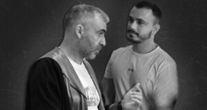 Besnik Berisha, the lawyer (L), and Shaban Gogaj, the convicted (R). Illustration: BIRN