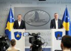 Kosovo's Prime Minister Albin Kurti (L) and the Minister for Communities and Return, Nenad Rasic (R), at a press conference in Prishtina on March 9, 2025. Photo: PM Office