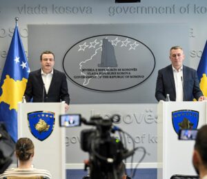 Kosovo's Prime Minister Albin Kurti (L) and the Minister for Communities and Return, Nenad Rasic (R), at a press conference in Prishtina on March 9, 2025. Photo: PM Office