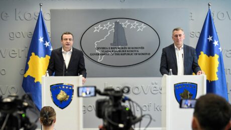 Kosovo's Prime Minister Albin Kurti (L) and the Minister for Communities and Return, Nenad Rasic (R), at a press conference in Prishtina on March 9, 2025. Photo: PM Office