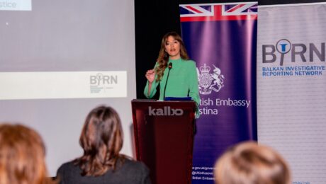 Kosovo outgoing Minister of Justice Albulena Haxhiu at the documentary launch in Pristina. Photo: BIRN/Fatrion Ibrahimi.