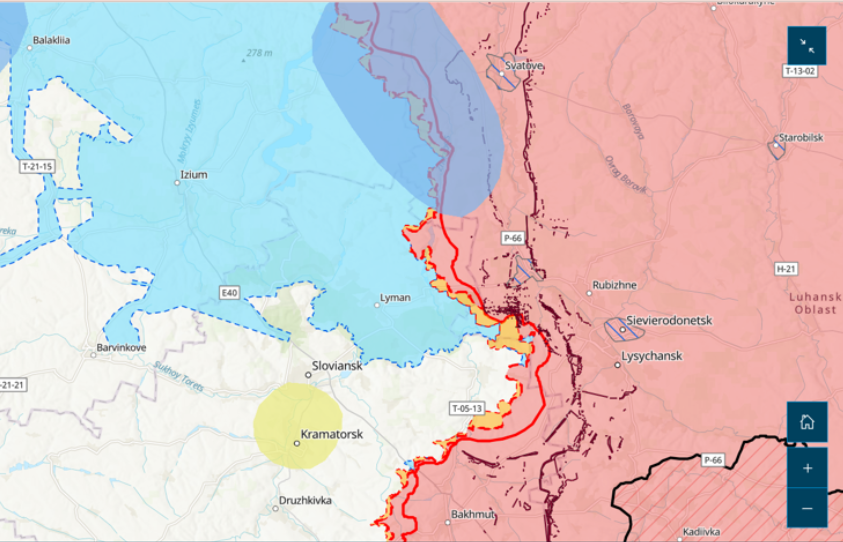 A map showing the territories held by each side in the vicinity of Izium (Kharkiv region/oblast) and Rubizhne-Sieverodonetsk- Lysychansk (Luhansk region/oblast) as of 5 March 2025. The brown territories to the right are held by Russia, white and blue territories by Ukraine. The blue indicates areas recaptured by Ukraine in its September 2022 Kharkiv region counter-offensive. See here for a full, updating interactive map of the war in Ukraine.