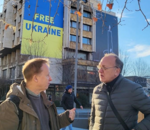 Alex Anderson (left) and Kostyantyn Grygorenko (right) in Prishtina. Photo by Hana Xharra Anderson