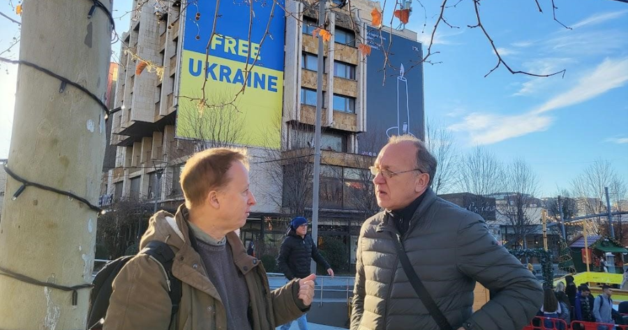 Alex Anderson (left) and Kostyantyn Grygorenko (right) in Prishtina. Photo by Hana Xharra Anderson