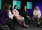 Survivors of sexual violence during the war in Kosovo, Vasfije Krasniqi Goodman and Shyhrete Tahiri-Sylejmani (L) and Mirlinda Sada, executive director of NGO Medica Gjakova (R) at the launch of the 'Trauma Has No Deadline' campaign in Pristina, Kosovo, on April 14, 2025