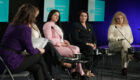 Survivors of sexual violence during the war in Kosovo, Vasfije Krasniqi Goodman and Shyhrete Tahiri-Sylejmani (L) and Mirlinda Sada, executive director of NGO Medica Gjakova (R) at the launch of the 'Trauma Has No Deadline' campaign in Pristina, Kosovo, on April 14, 2025