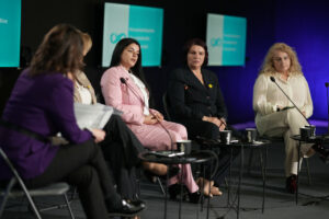 Survivors of sexual violence during the war in Kosovo, Vasfije Krasniqi Goodman and Shyhrete Tahiri-Sylejmani (L) and Mirlinda Sada, executive director of NGO Medica Gjakova (R) at the launch of the 'Trauma Has No Deadline' campaign in Pristina, Kosovo, on April 14, 2025