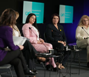 Survivors of sexual violence during the war in Kosovo, Vasfije Krasniqi Goodman and Shyhrete Tahiri-Sylejmani (L) and Mirlinda Sada, executive director of NGO Medica Gjakova (R) at the launch of the 'Trauma Has No Deadline' campaign in Pristina, Kosovo, on April 14, 2025