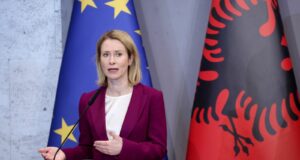 EU High Representative for Foreign Affairs and Security Policy Kaja Kallas during a press conference with Albania's Prime Minister Edi Rama in Tirana, Albania, April 8, 2025. Photo: EPA/MALTON DIBRA