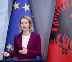 EU High Representative for Foreign Affairs and Security Policy Kaja Kallas during a press conference with Albania's Prime Minister Edi Rama in Tirana, Albania, April 8, 2025. Photo: EPA/MALTON DIBRA