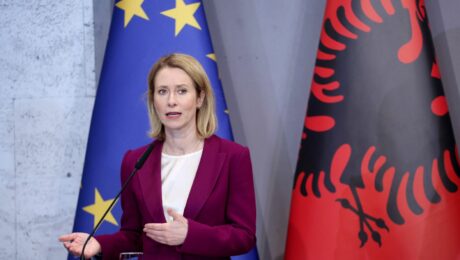 EU High Representative for Foreign Affairs and Security Policy Kaja Kallas during a press conference with Albania's Prime Minister Edi Rama in Tirana, Albania, April 8, 2025. Photo: EPA/MALTON DIBRA