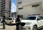 Kosovo Police Special Unit at the Basic Court of Ferizaj during the April 22 hearing for six suspects charged with the murder of police sergeant Muhamed Lika. Photo: BIRN