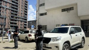Kosovo Police Special Unit at the Basic Court of Ferizaj during the April 22 hearing for six suspects charged with the murder of police sergeant Muhamed Lika. Photo: BIRN