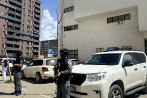 Kosovo Police Special Unit at the Basic Court of Ferizaj during the April 22 hearing for six suspects charged with the murder of police sergeant Muhamed Lika. Photo: BIRN