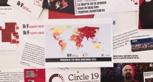 A world map showing the state of press freedom in 2025 is displayed at the headquarters of the NGO Reporters Without Borders in Paris, France. EPA-EFE/TERESA SUAREZ