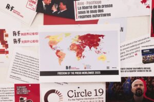 A world map showing the state of press freedom in 2025 is displayed at the headquarters of the NGO Reporters Without Borders in Paris, France. EPA-EFE/TERESA SUAREZ
