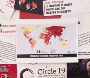 A world map showing the state of press freedom in 2025 is displayed at the headquarters of the NGO Reporters Without Borders in Paris, France. EPA-EFE/TERESA SUAREZ
