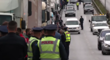 Businesses block the road with trucks at the entrance of Prishtina, demanding a delay in the decision to liberalise the energy market. Photo: Kallxo.com
