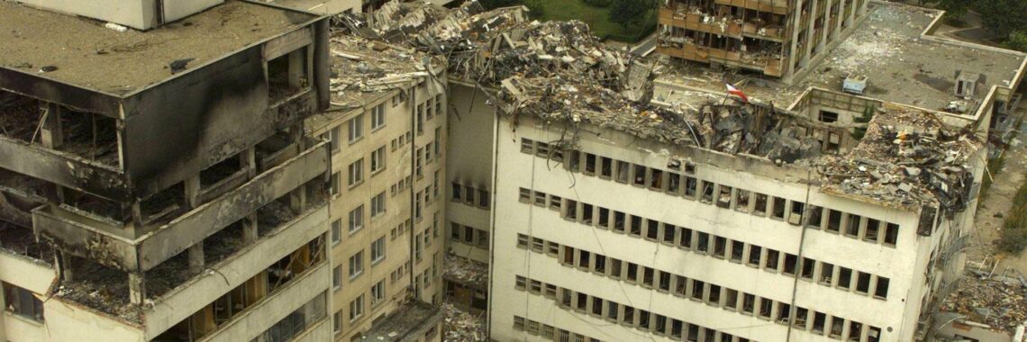 An ariel view of the Prishtina PTT (Post, Telegraf, Telefon) which was destroyed by NATO bombing. June 15, 1999. Photo: EPA/Russell Boyce/OP/FMS.