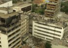 An ariel view of the Prishtina PTT (Post, Telegraf, Telefon) which was destroyed by NATO bombing. June 15, 1999. Photo: EPA/Russell Boyce/OP/FMS.