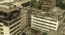 An ariel view of the Prishtina PTT (Post, Telegraf, Telefon) which was destroyed by NATO bombing. June 15, 1999. Photo: EPA/Russell Boyce/OP/FMS.