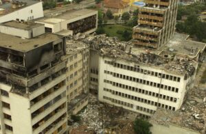 An ariel view of the Prishtina PTT (Post, Telegraf, Telefon) which was destroyed by NATO bombing. June 15, 1999. Photo: EPA/Russell Boyce/OP/FMS.