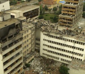 An ariel view of the Prishtina PTT (Post, Telegraf, Telefon) which was destroyed by NATO bombing. June 15, 1999. Photo: EPA/Russell Boyce/OP/FMS.