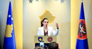 President of Kosovo Vjosa Osmani at the press conference on July 22, 2025. Photo Courtesy of the Presidency of Kosovo