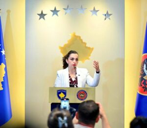 President of Kosovo Vjosa Osmani at the press conference on July 22, 2025. Photo Courtesy of the Presidency of Kosovo
