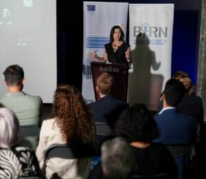 BIRN Kosovo Director Jeta Xharra at the launch of a project to document the stories and trauma of families of missing persons from the Kosovo war, on August 29, 2025. Photo: BIRN