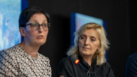 Hava Shala (left) and Myrvete Dreshaj (right) during a discussion on the role of women in blood feuds reconciliation, at the Reporting House museum in Pristina, July 2025. Photo: BIRN