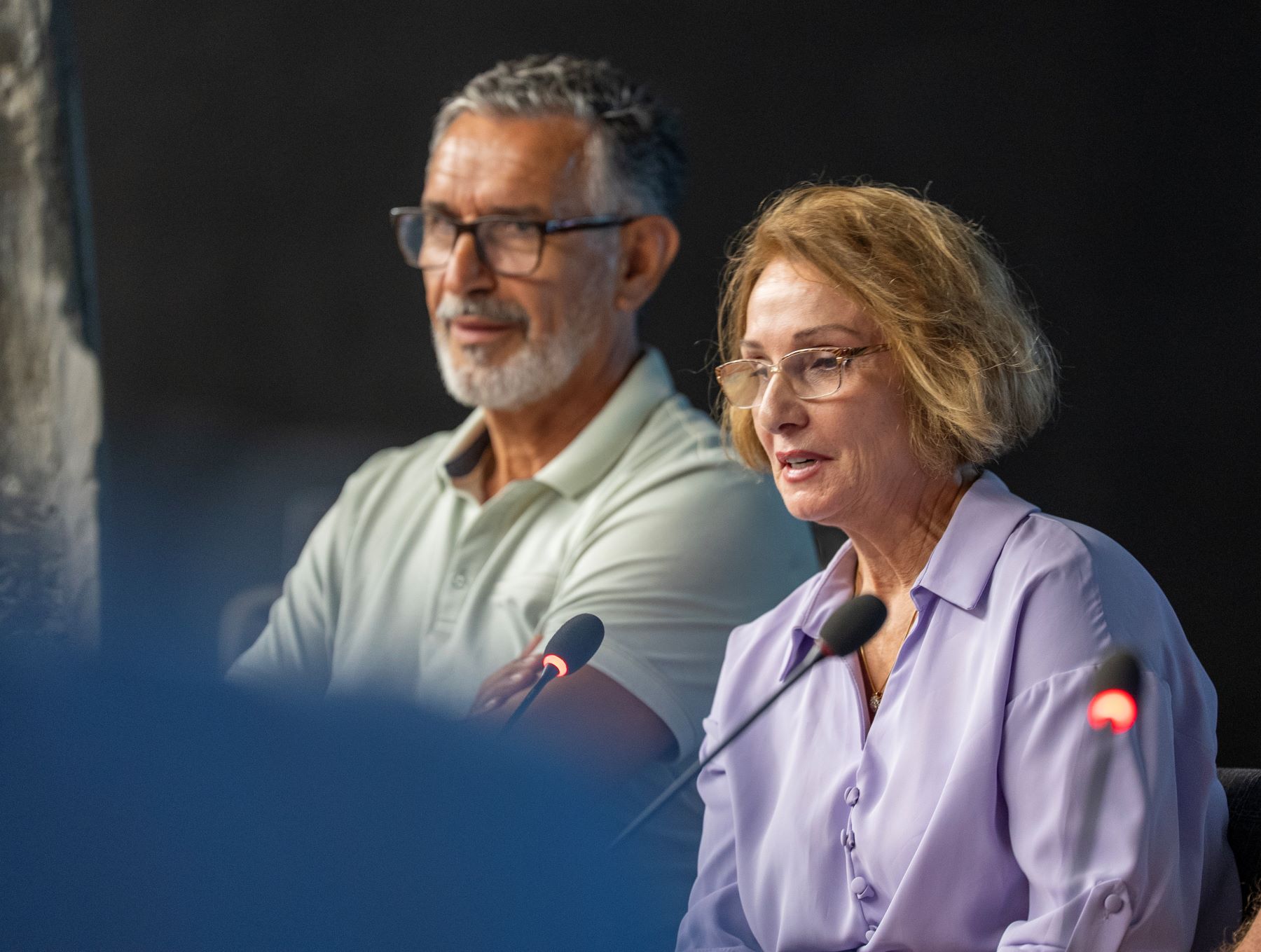 Ilir Bytyqi (L) and Shqipe Bytyqi (R)during a discussion on the role of women in blood feuds reconciliation in Kosovo, at the Reporting House museum in Prishtina on July 2025. Photo: BIRN